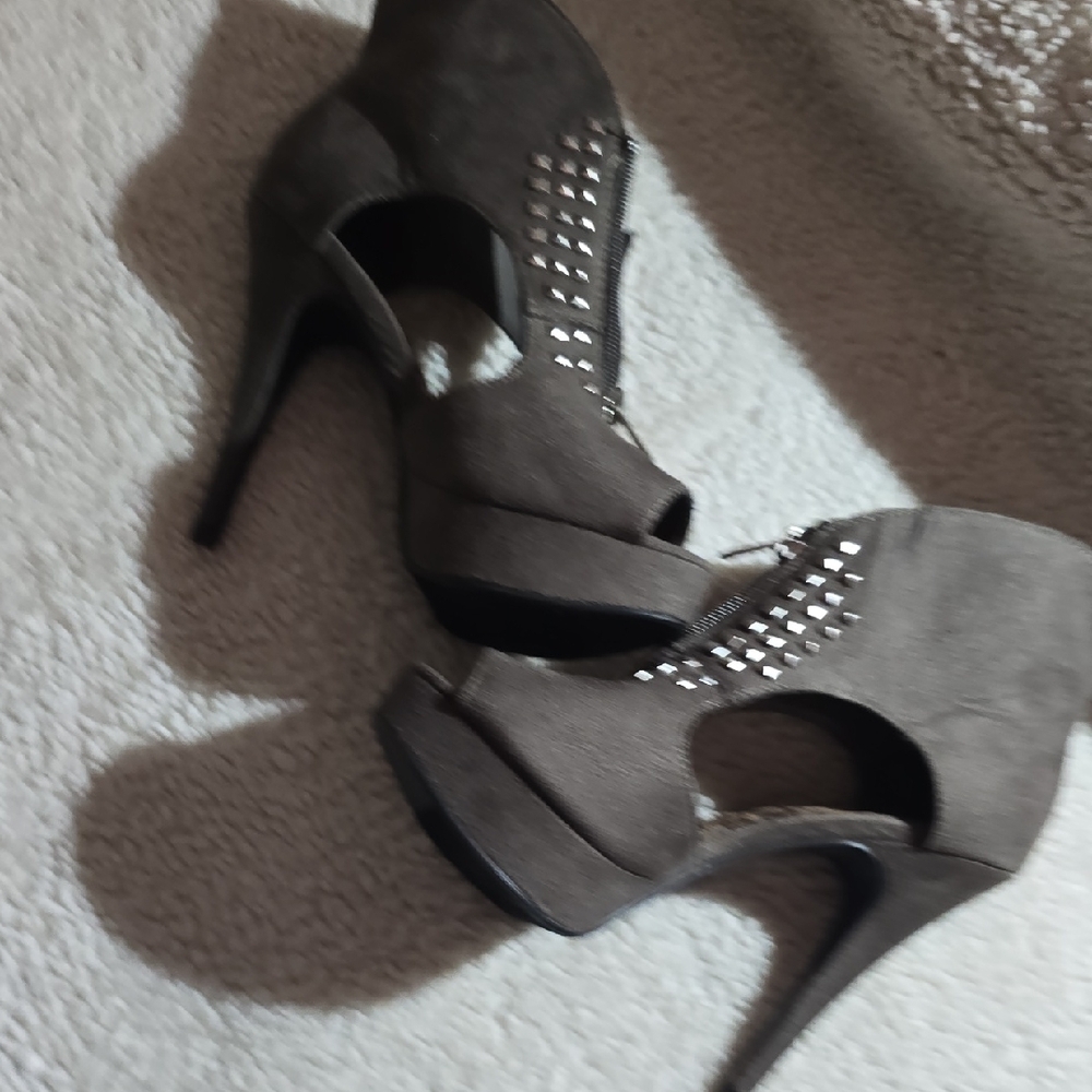 Cathy Jean Charcoal Studded Peep-Toe Heels - Picture 11 of 12